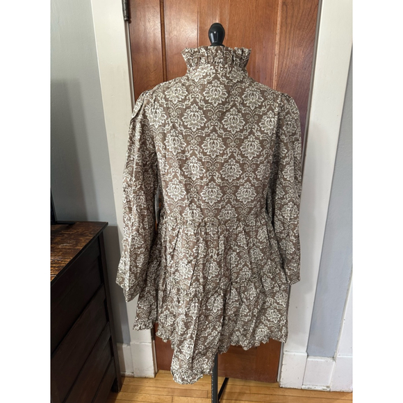 Hyacinth House Ruffle Neck Dress S NWT | Brown Ivory Floral Prairie Style | Cott - Picture 2 of 5